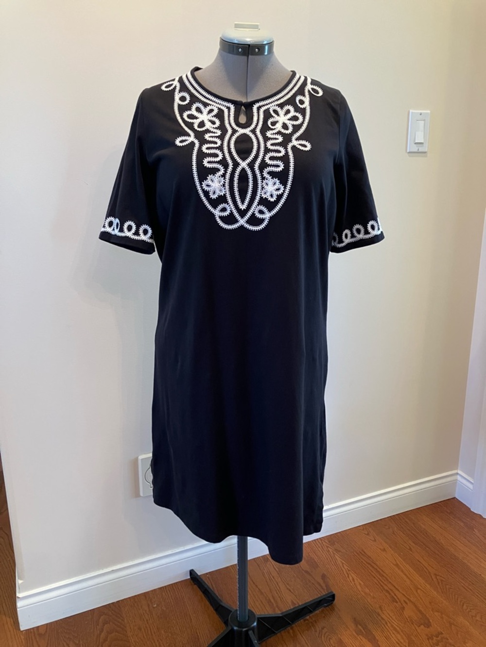 Jones New York Signature stretch cotton knit summer dress, black and white, XL